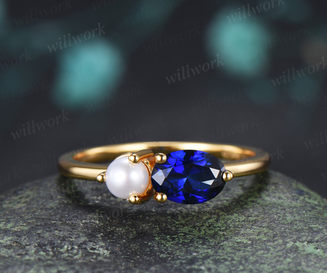 Toi et Moi Oval Cut Sapphire Pearl Engagement Ring Two Birthstone Couple Bestie Ring Anniversary Gifts