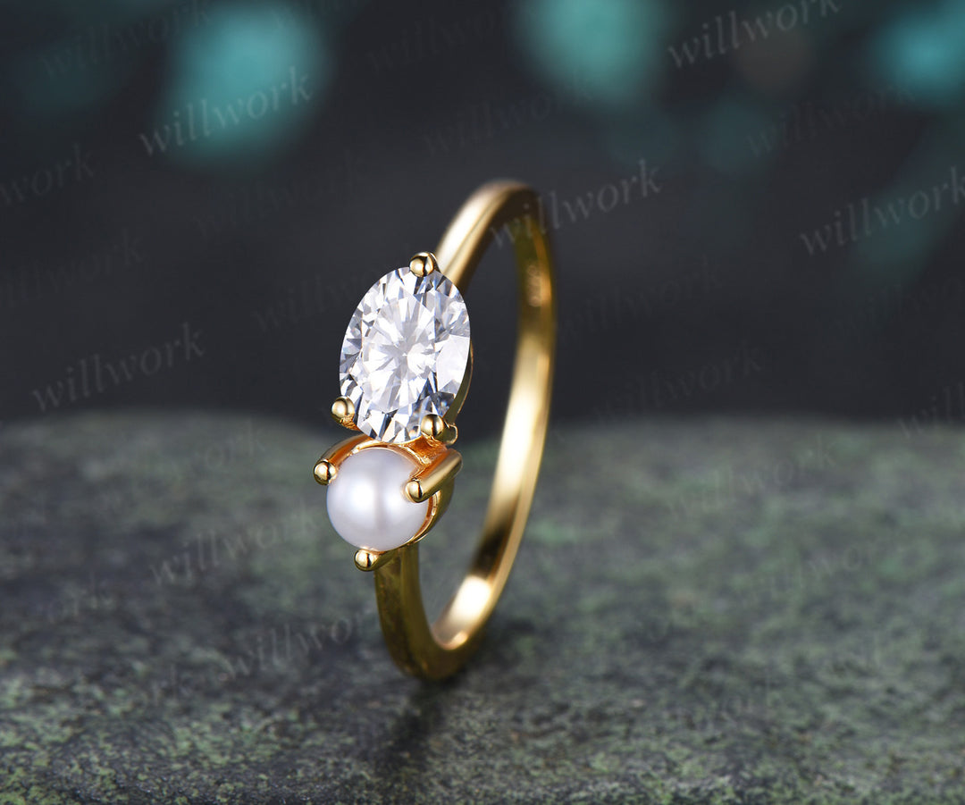 Oval Moissanite and Pearl Toi et Moi Ring Two Stone Engagement Ring Minimalist Couple Besties Jewelry