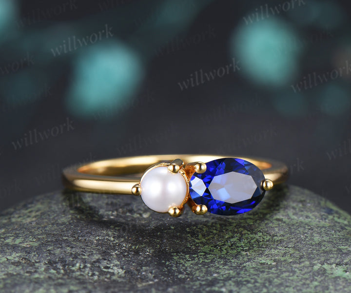 Toi et Moi Oval Cut Sapphire Pearl Engagement Ring Two Birthstone Couple Bestie Ring Anniversary Gifts