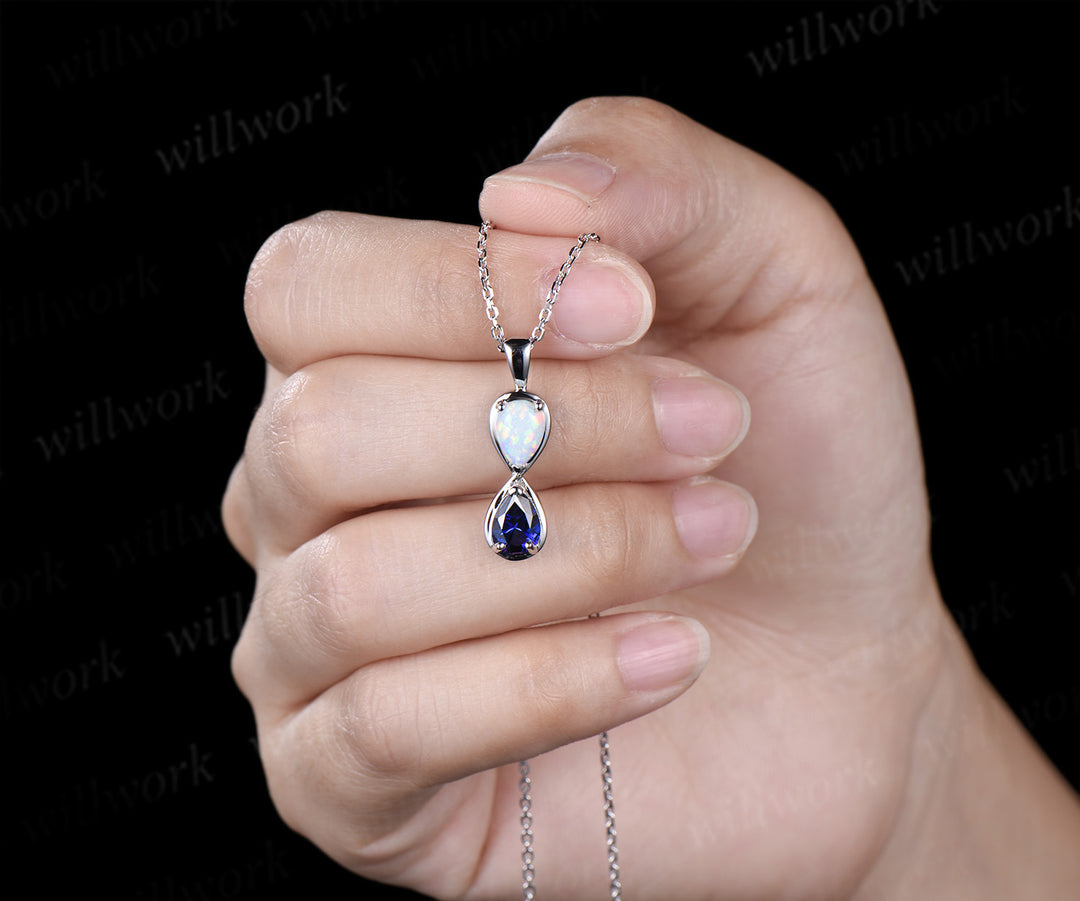 Pear cut opal sapphire pendant necklace dainty infinity white gold charm two birthstones Toi et Moi pendant necklace gifts