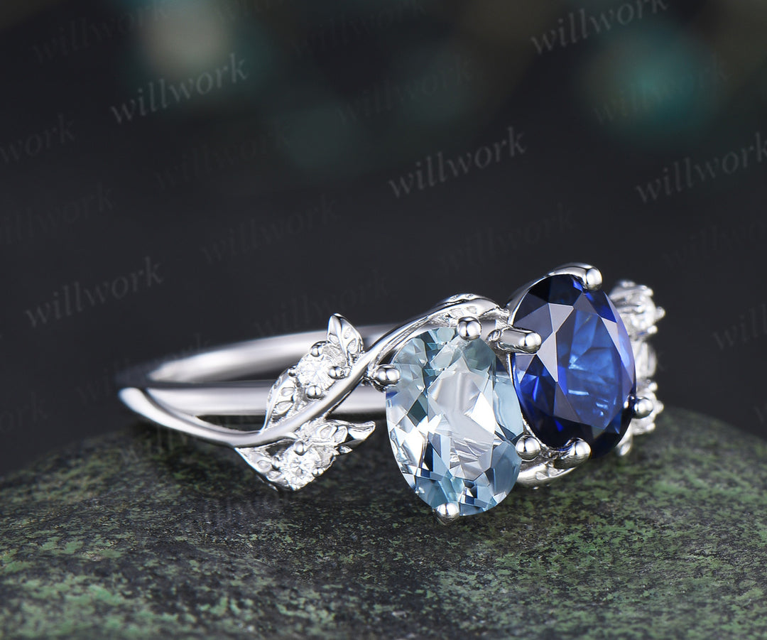 Two stone oval aquamarine sapphire engagement ring white gold leaf diamond bridal set You and me unique wedding ring set women jewelry