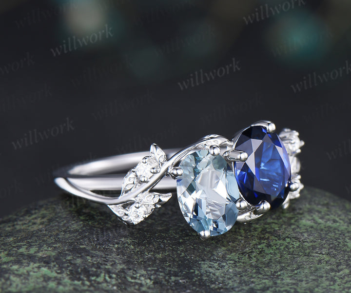 Two stone oval aquamarine sapphire engagement ring white gold leaf diamond bridal set You and me unique wedding ring set women jewelry