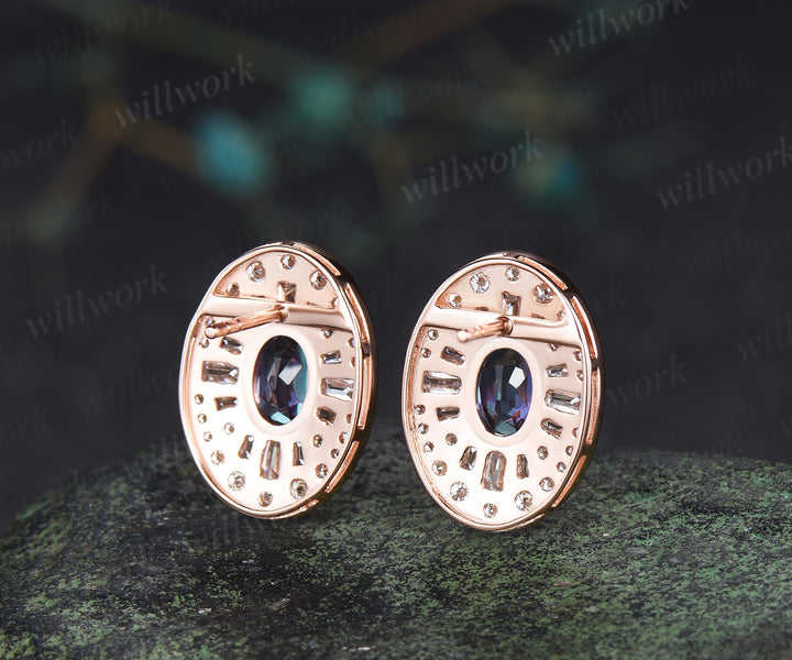 Vintage oval alexandrite moissanite halo earrings art deco moissanite milgrain stud earrings cocktail jewelry