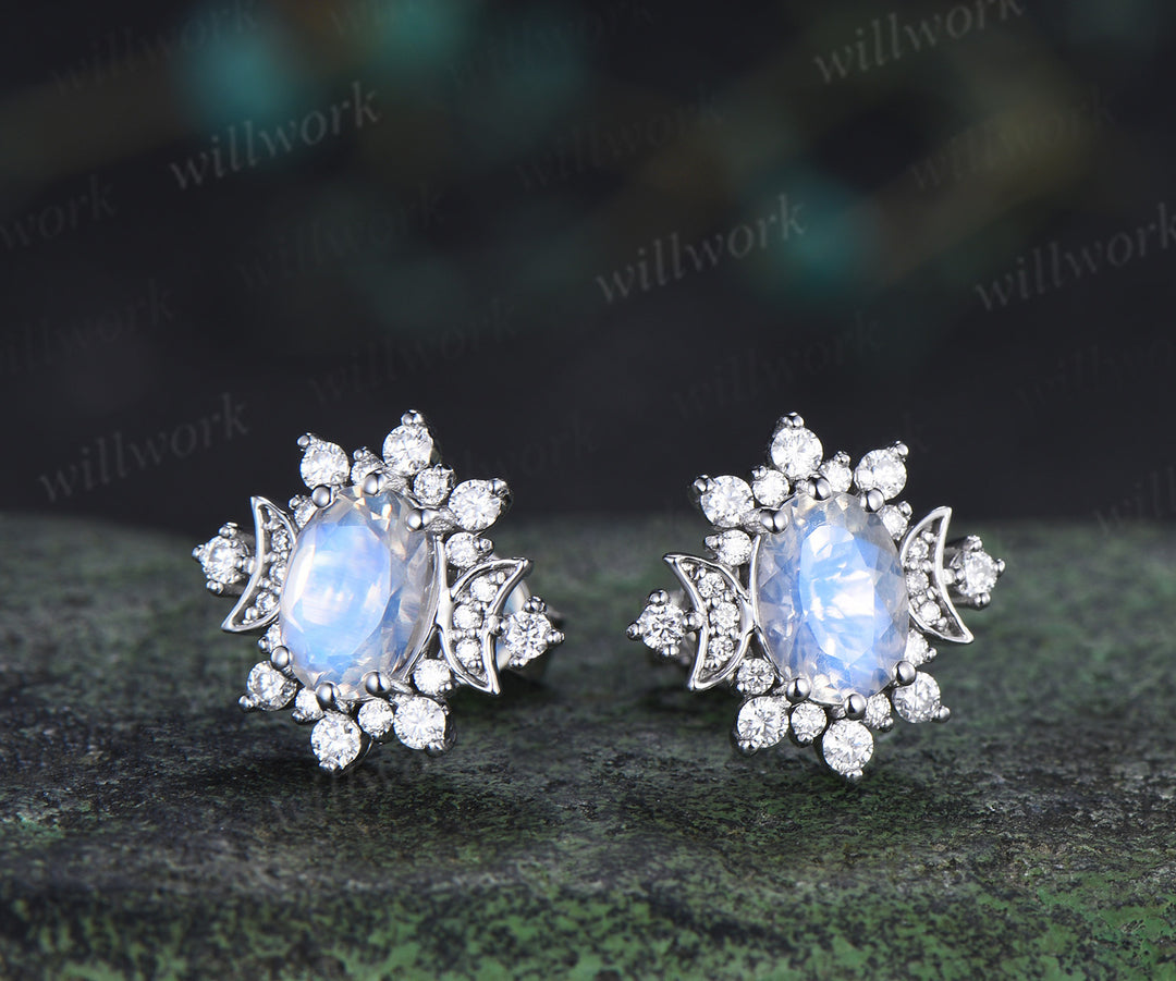 Oval cut moonstone stud earrings unique moissnanite halo art deco moon earrings jewelry gifts