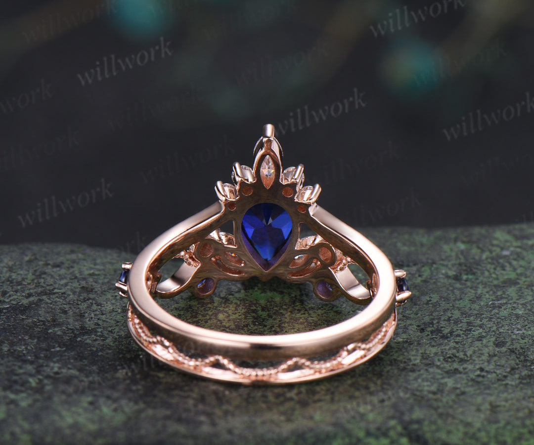 Vintage pear cut sapphire engagement ring elegant milgrain hollow filigree promise ring
