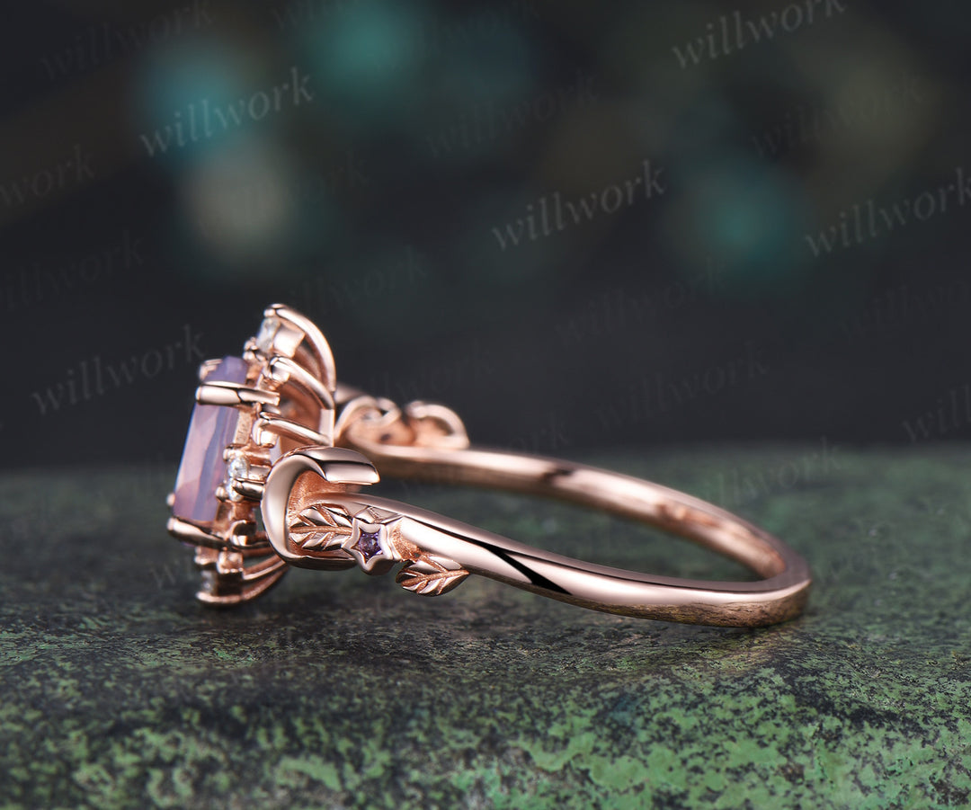 Oval lavender amethyst engagement ring moon star moissanite leaf ring nature inspired promise ring for women