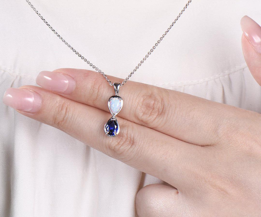 Pear cut opal sapphire pendant necklace dainty infinity white gold charm two birthstones Toi et Moi pendant necklace gifts
