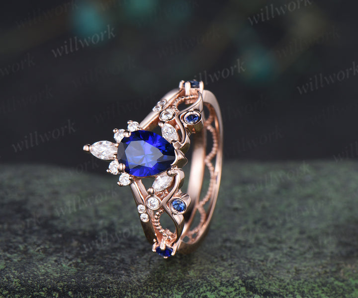 Vintage pear cut sapphire engagement ring elegant milgrain hollow filigree promise ring