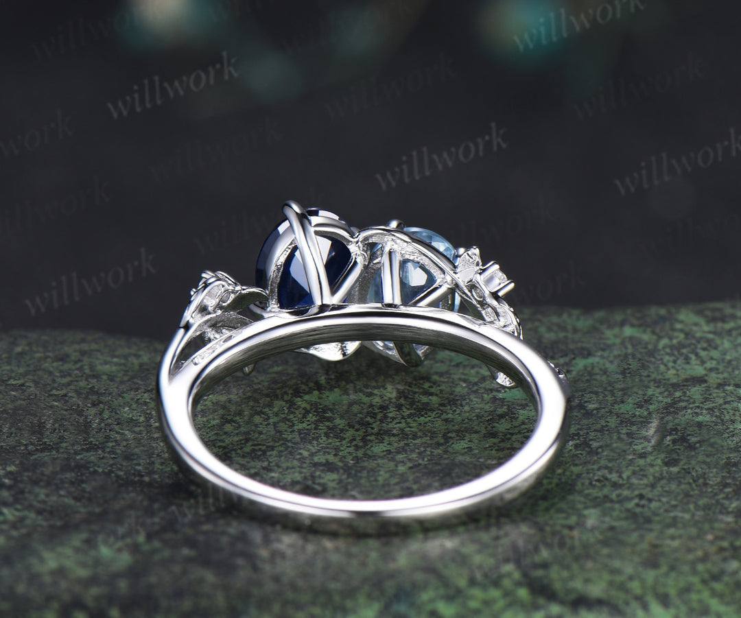 Two stone oval aquamarine sapphire engagement ring white gold leaf diamond bridal set You and me unique wedding ring set women jewelry
