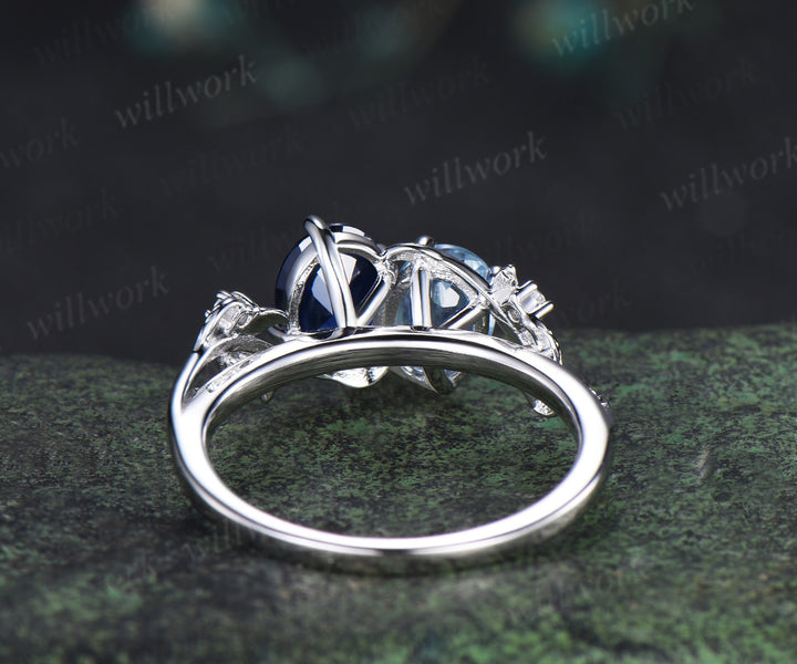 Two stone oval aquamarine sapphire engagement ring white gold leaf diamond bridal set You and me unique wedding ring set women jewelry