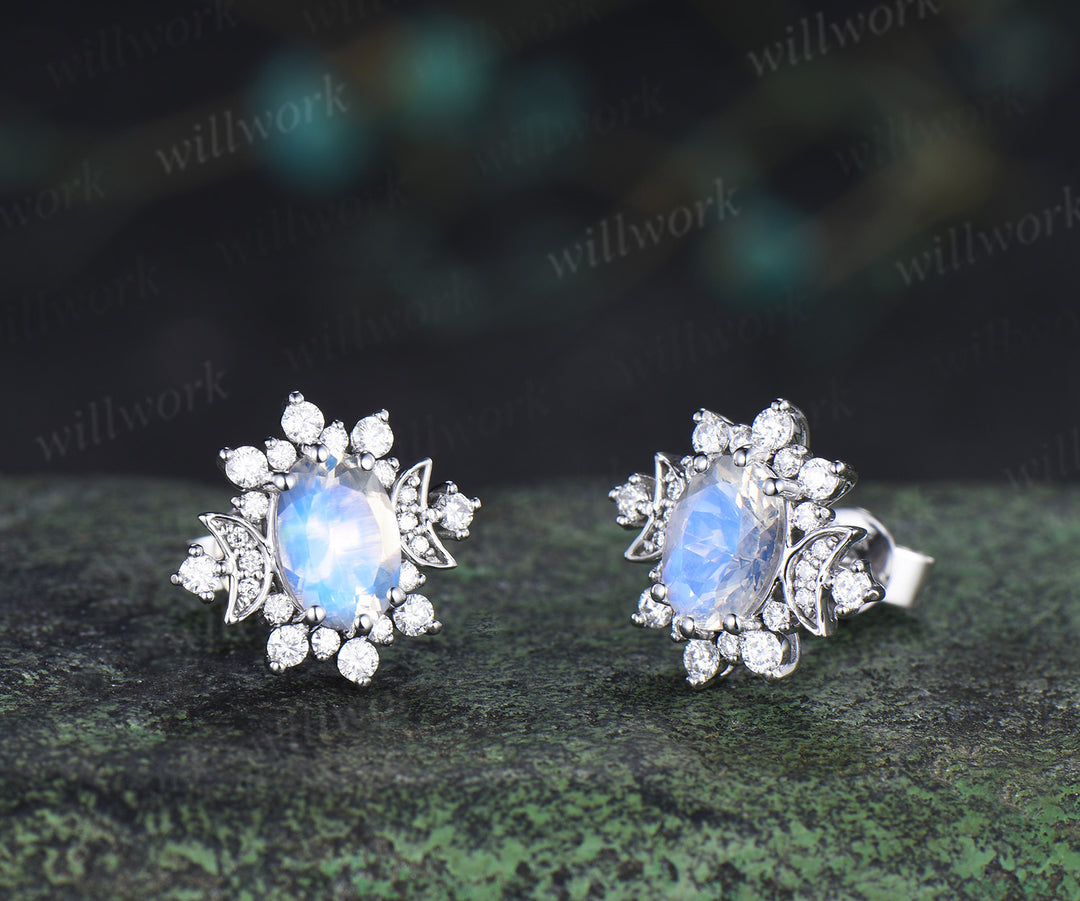 Oval cut moonstone stud earrings unique moissnanite halo art deco moon earrings jewelry gifts