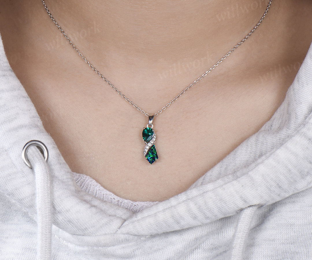 Infinity pear cut emerald kite cut black opal pendant toi et moi moissanite accents pendant necklace