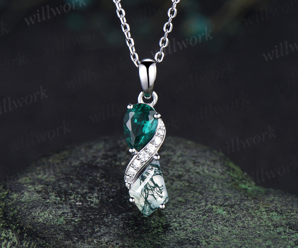 Toi et moi pear cut emerald kite cut moss agate pendant moissanite