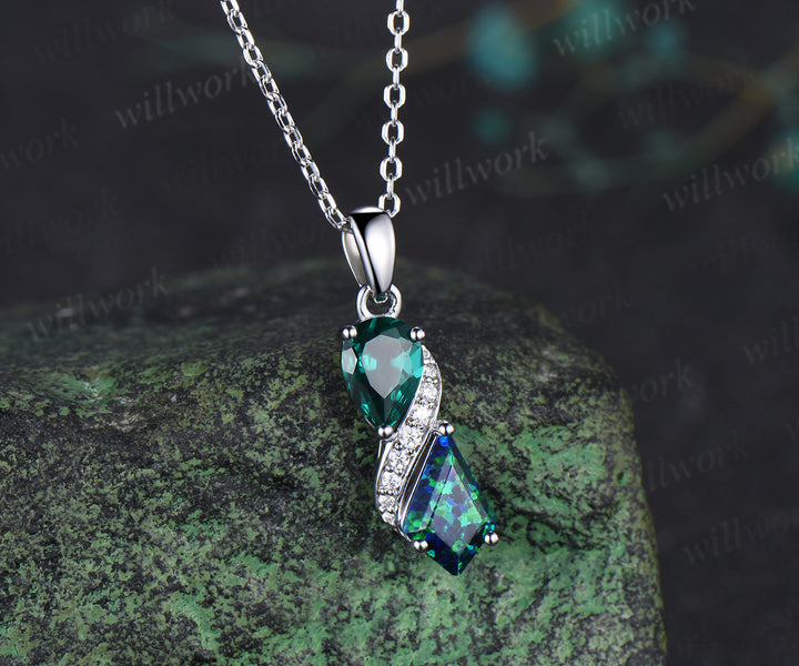 Infinity pear cut emerald kite cut black opal pendant toi et moi moissanite accents pendant necklace