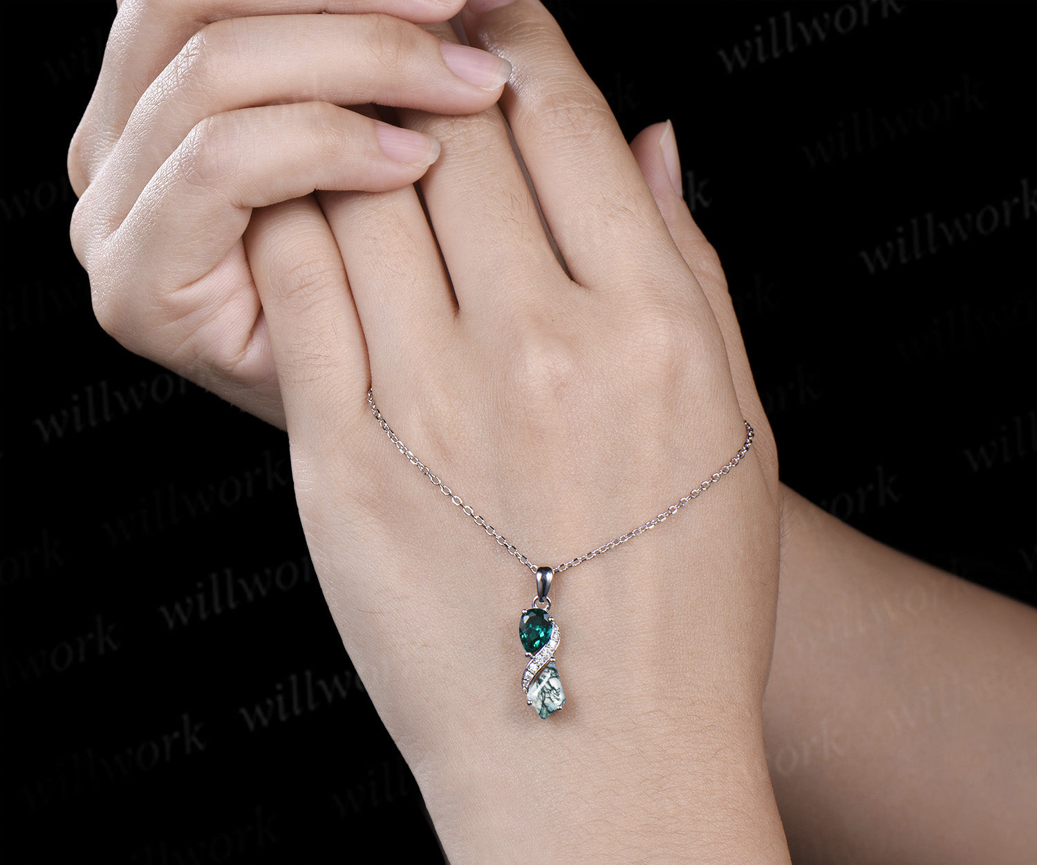 Toi et moi pear cut emerald kite cut moss agate pendant moissanite
