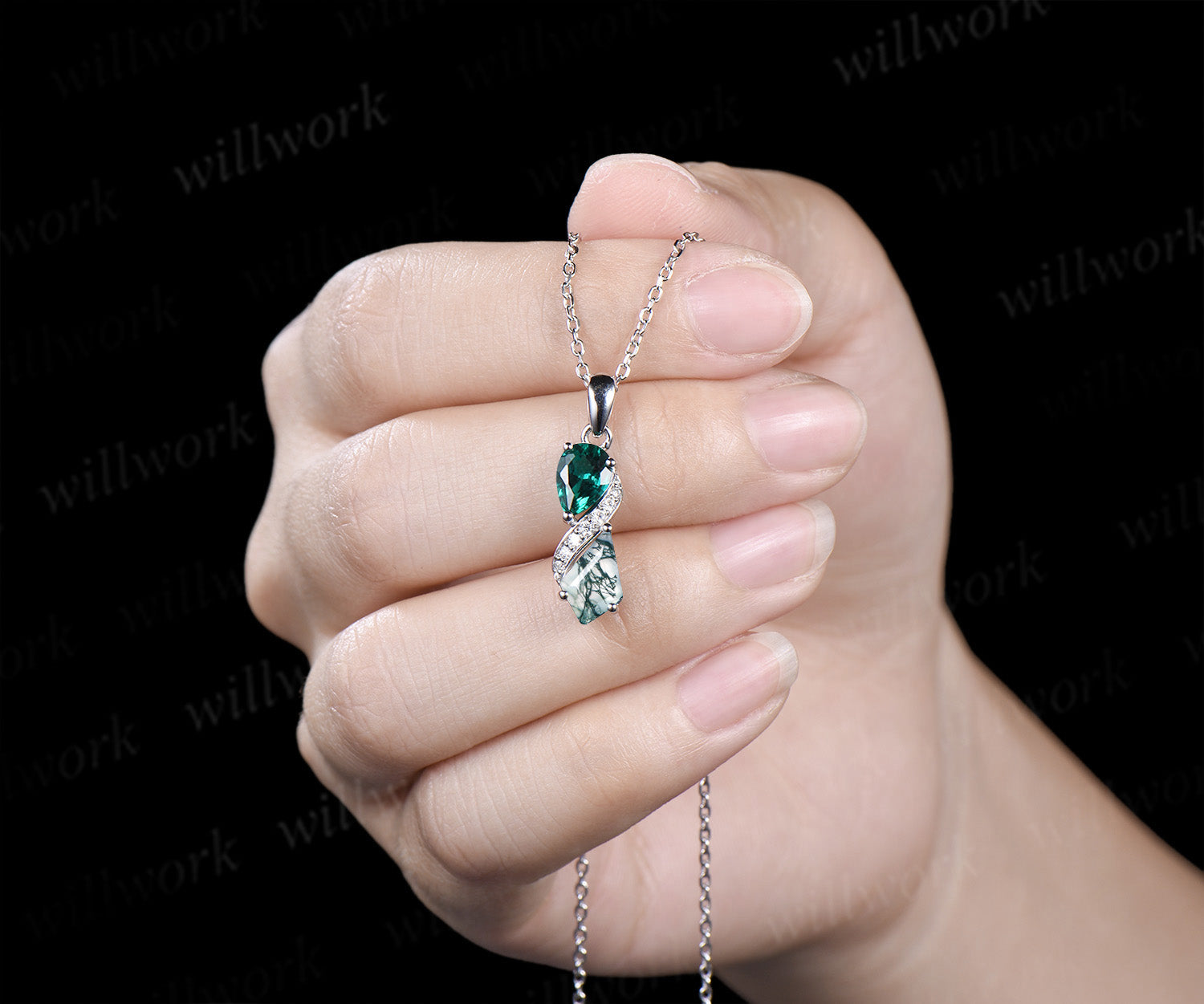 Toi et moi pear cut emerald kite cut moss agate pendant moissanite
