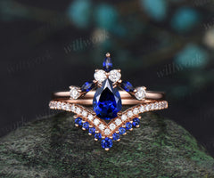 Vintage pear cut sapphire engagement ring set crown V-shape marquise sapphire diamond wedding band solid rose gold rings for women
