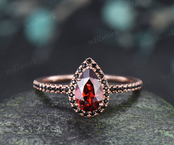 Pear Garnet Halo Engagement Ring Set Dainty 5x8mm Teardrop Garnet Ring Milgrain Black Spinel Wedding Band Vintage Bridal Set