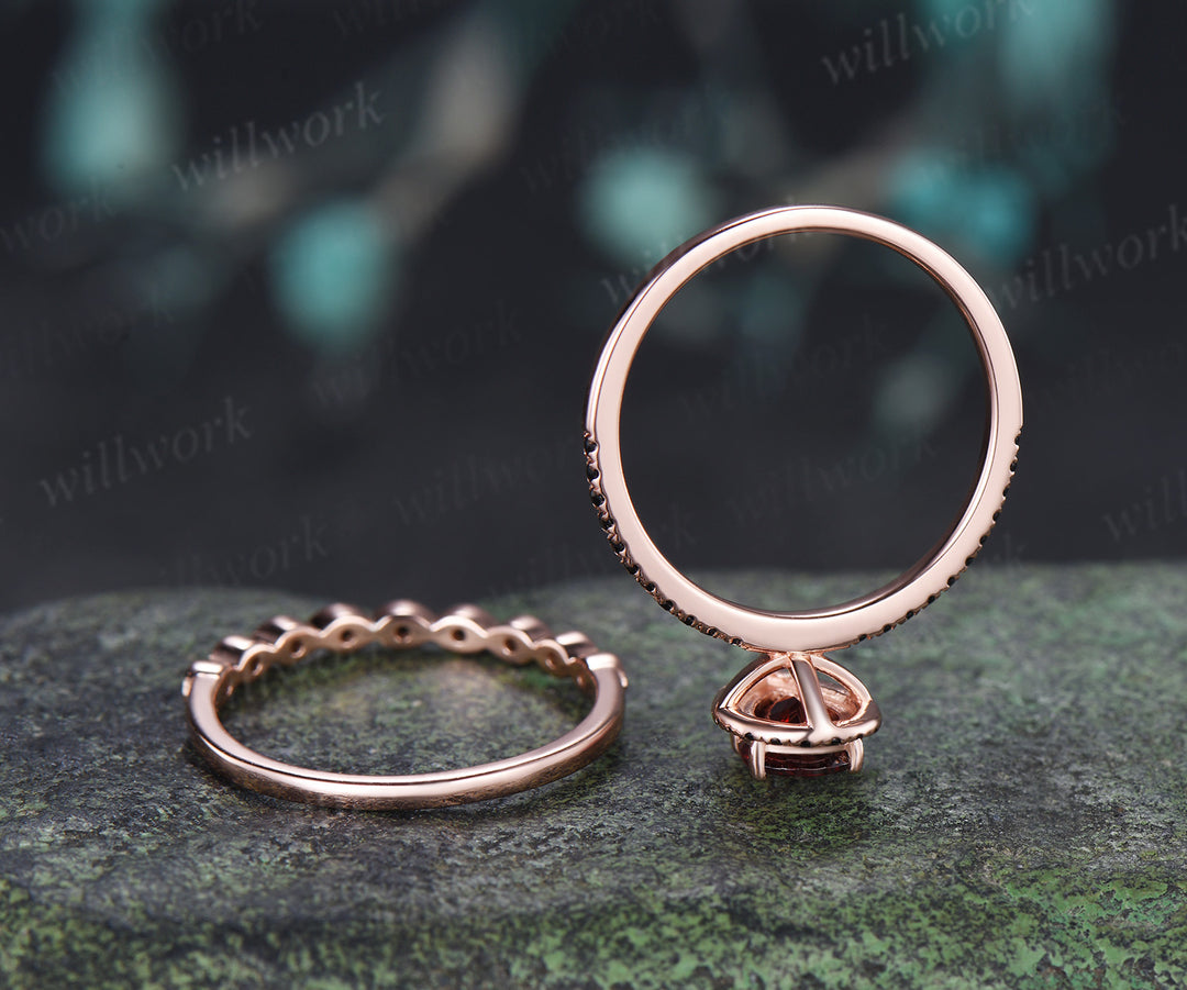 Pear Garnet Halo Engagement Ring Set Dainty 5x8mm Teardrop Garnet Ring Milgrain Black Spinel Wedding Band Vintage Bridal Set
