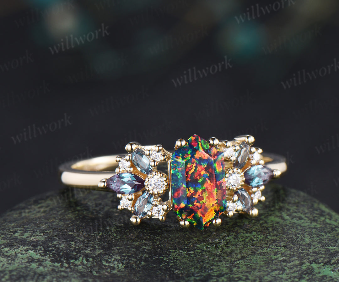 Unique hexagon cut black fire opal engagement ring milgrain moissanite marquise alexandrite cluster ring wedding bridal gifts