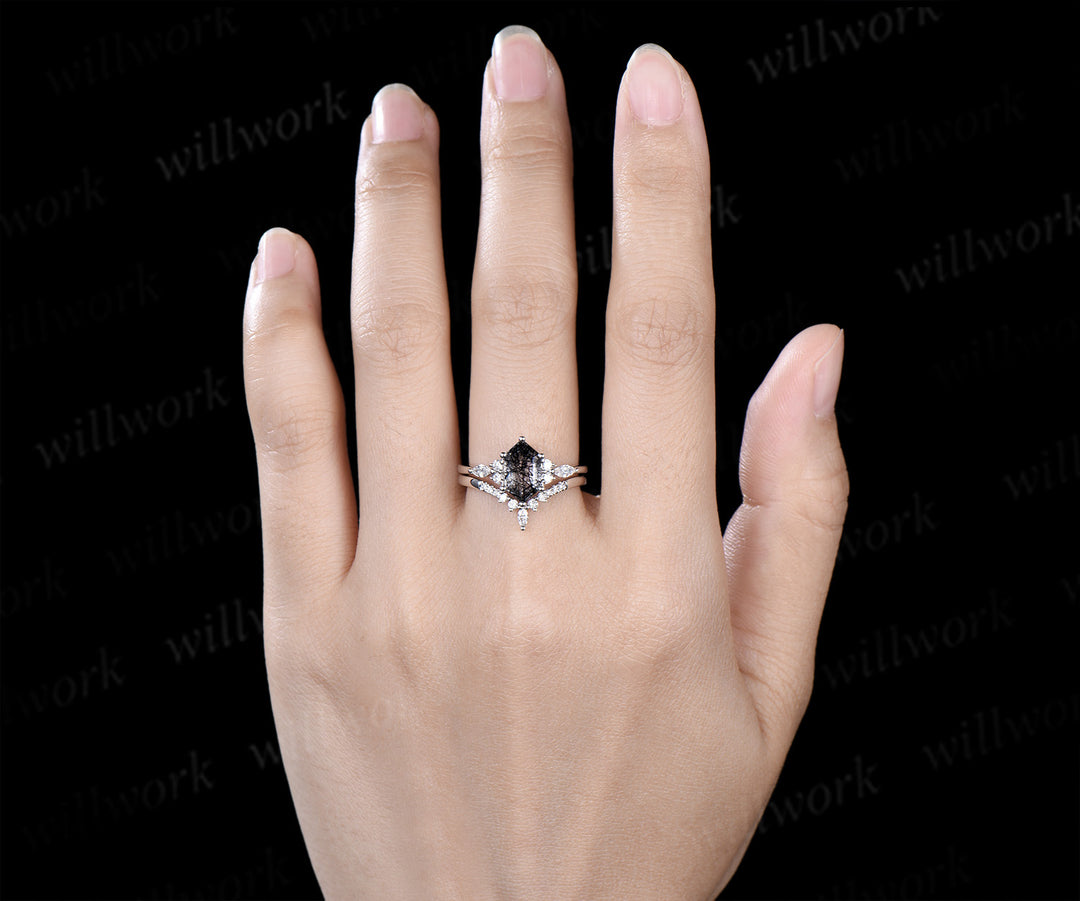 Elongated hexagon cut black rutilated quartz engagement ring set marquise moissanite ring curved wedding band bridal set