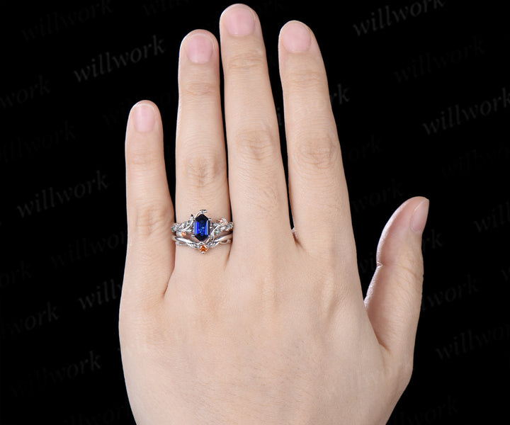 Hexagon Cut Sapphire Leaf Twig Engagement Ring Green Orange Moissanite Accent Unique Nature Inspired Bridal Set