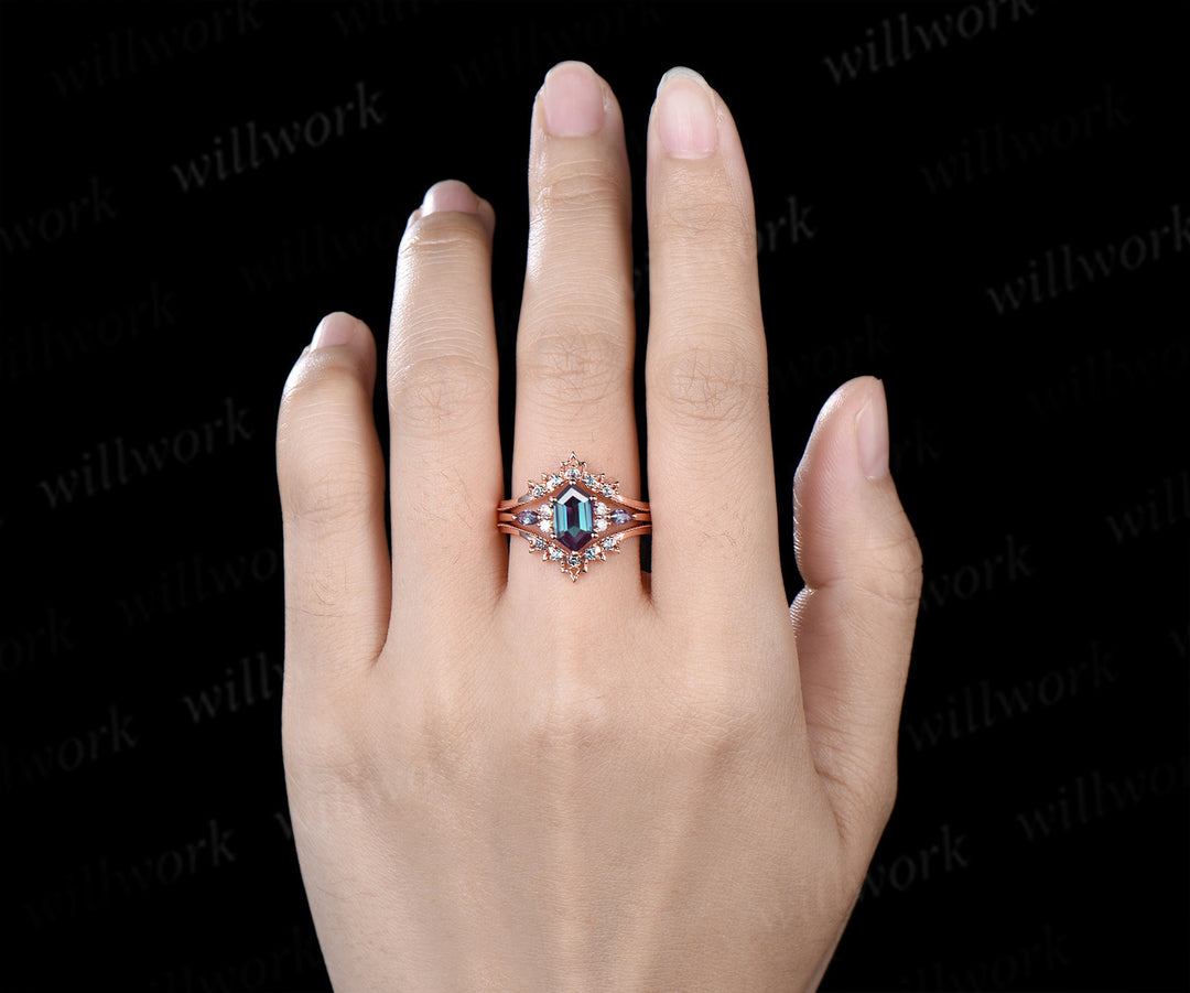 Elongated hexagon alexandrite engagement ring set art deco alexandrite wedding enhancer unique bridal set