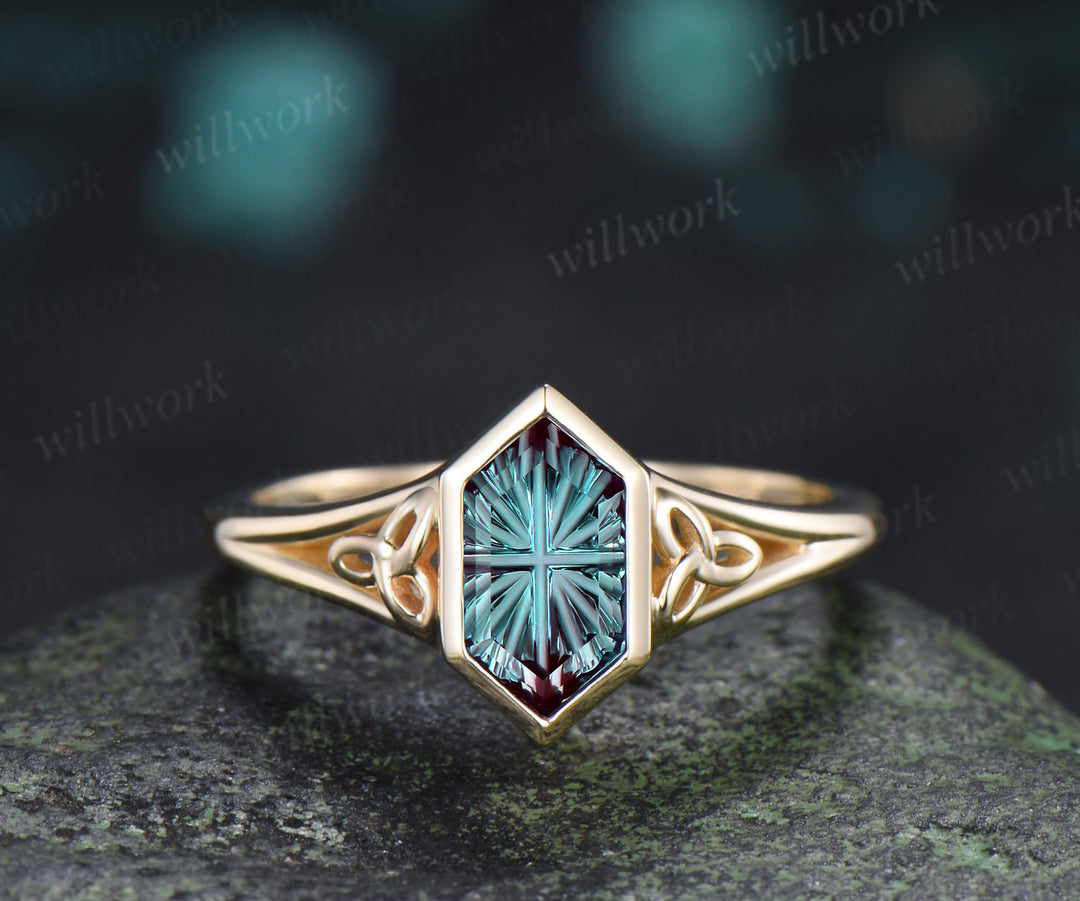 Unique Hexagon Fantasy Cut Alexandrite Engagement Ring Set Bezel Celtic Knot Ring Curved Infinity Moissanite Band Vintage Bridal Set