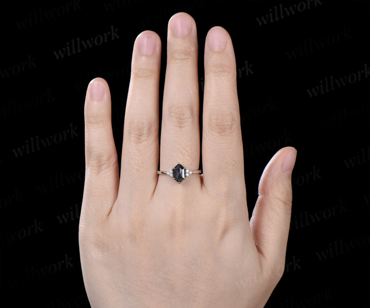 Hexagon Cut Natural Salt Pepper Diamond Engagement Ring Diamond Cluster Seven Stone Wedding Ring