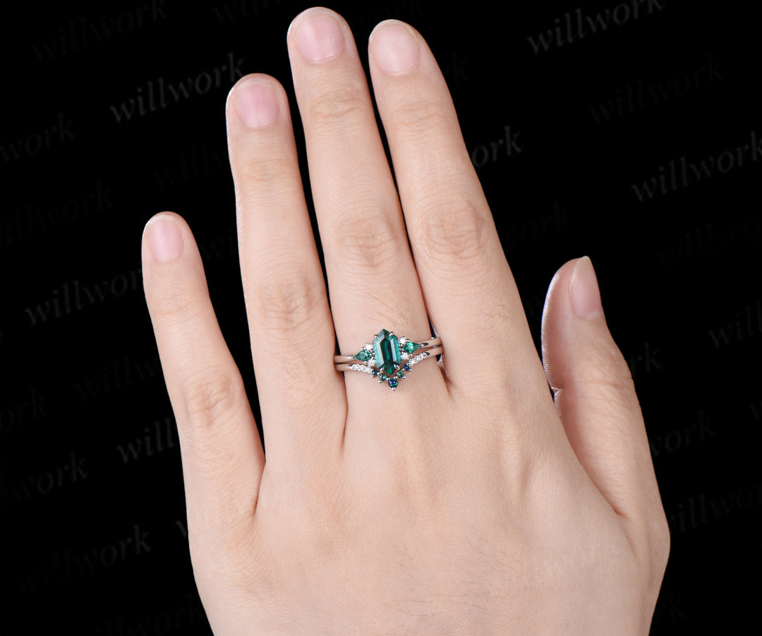 Long hexagon kite cut emerald engagement ring set seven stone promise ring curved black opal emerald band unique bridal set