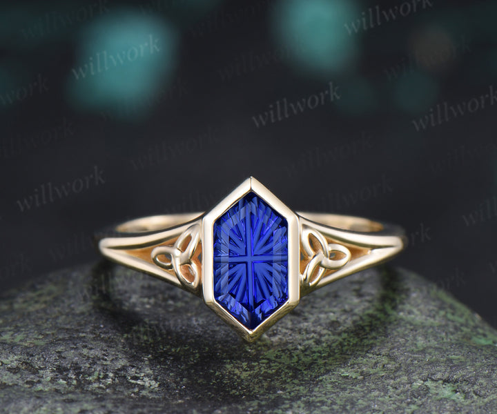 Vintage Hexagon Fantasy Cut Sapphire Engagement Ring Set Bezel Celtic Knot Ring Infinity Moissanite Band Blue Gemstone Bridal Set
