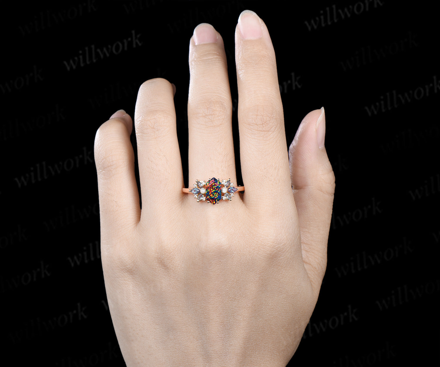 Unique hexagon cut black fire opal engagement ring milgrain