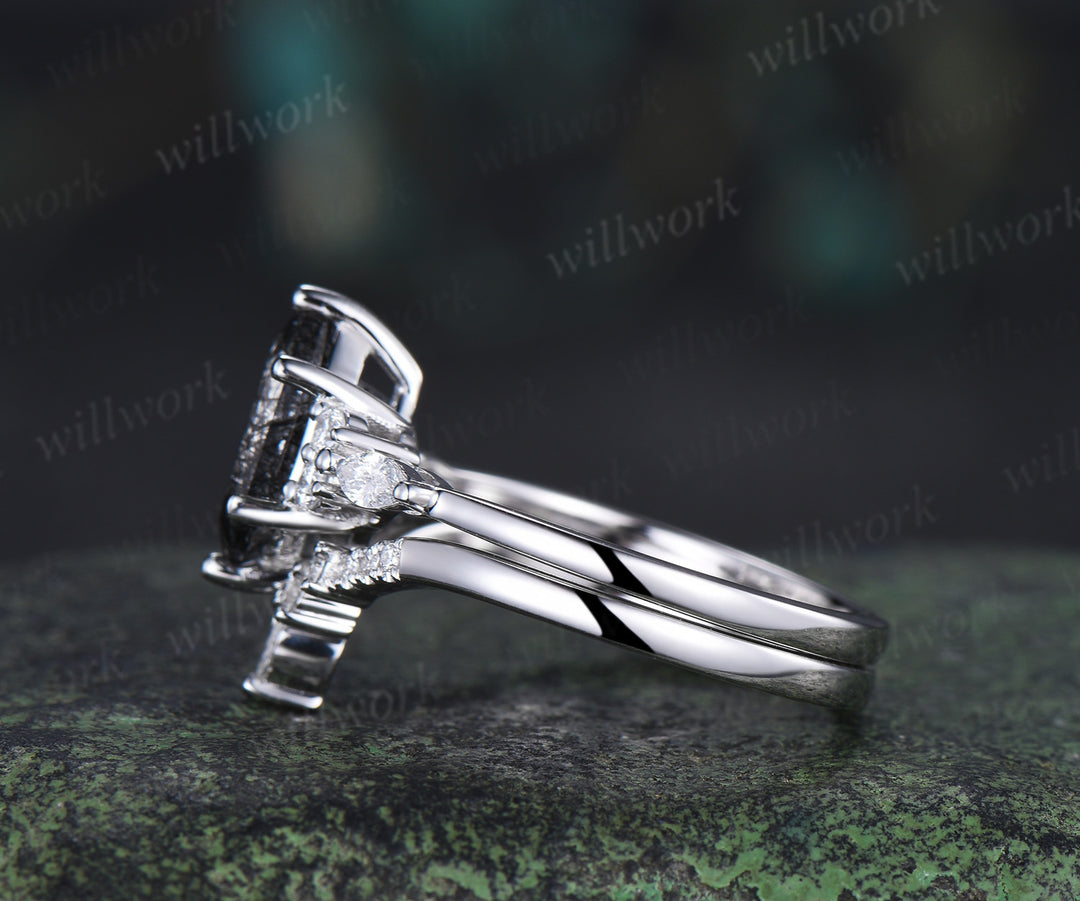 Elongated hexagon cut black rutilated quartz engagement ring set marquise moissanite ring curved wedding band bridal set