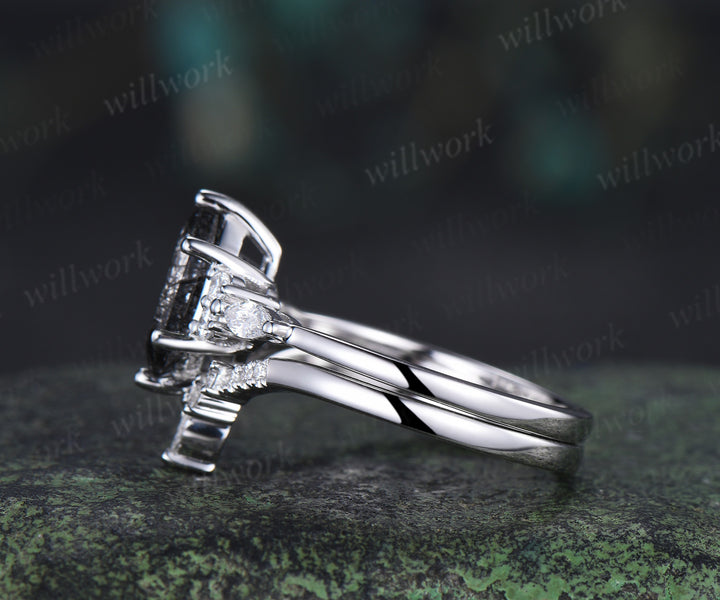 Elongated hexagon cut black rutilated quartz engagement ring set marquise moissanite ring curved wedding band bridal set