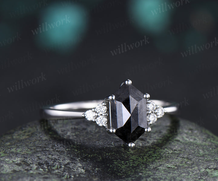 Hexagon Cut Natural Salt Pepper Diamond Engagement Ring Diamond Cluster Seven Stone Wedding Ring