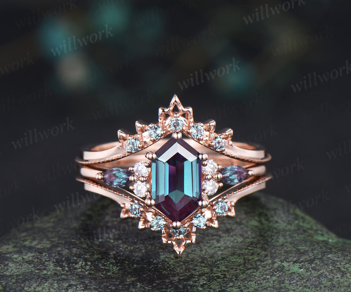 Elongated hexagon alexandrite engagement ring set art deco alexandrite wedding enhancer unique bridal set