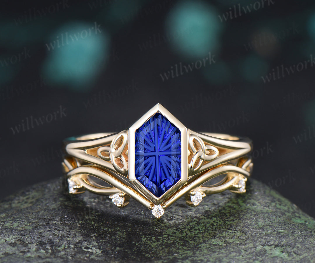 Vintage Hexagon Fantasy Cut Sapphire Engagement Ring Set Bezel Celtic Knot Ring Infinity Moissanite Band Blue Gemstone Bridal Set