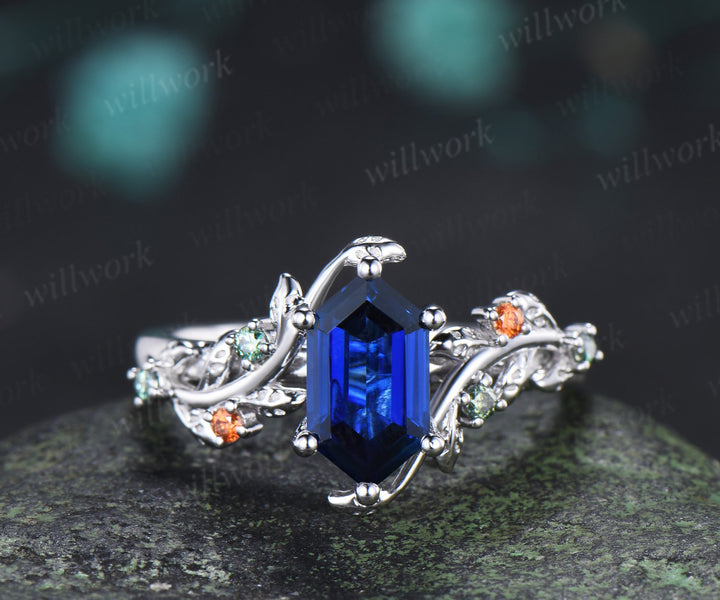 Hexagon Cut Sapphire Leaf Twig Engagement Ring Green Orange Moissanite Accent Unique Nature Inspired Bridal Set
