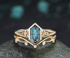 Unique Hexagon Fantasy Cut Alexandrite Engagement Ring Set Bezel Celtic Knot Ring Curved Infinity Moissanite Band Vintage Bridal Set