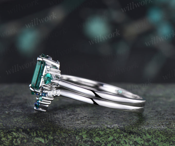 Long hexagon kite cut emerald engagement ring set seven stone promise ring curved black opal emerald band unique bridal set