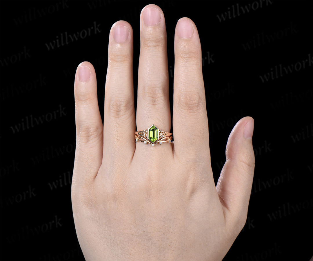 Hexagon Cut Peridot Engagement Ring Set Celtic Knot Ring Infinity Twisted Moissanite Band August Birthstone Bridal Set