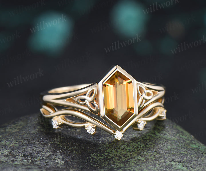 Hexagon Cut Citrine Engagement Ring Set Celtic Knot Ring Infinity Twisted Moissanite Band November Birthstone Bridal Set