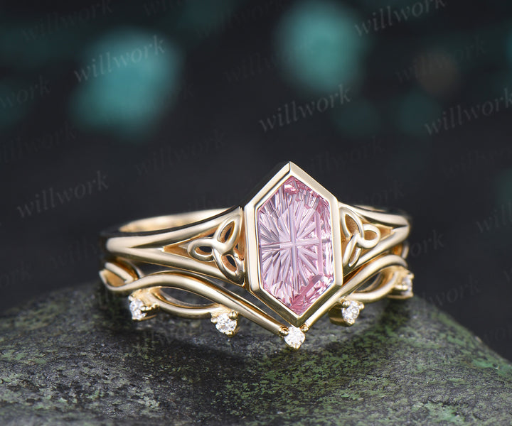 Hexagon Fantasy Cut Padparadscha Engagement Ring Set Celtic Knot Ring Infinity Twisted Moissanite Band Pink Sapphire Bridal Set