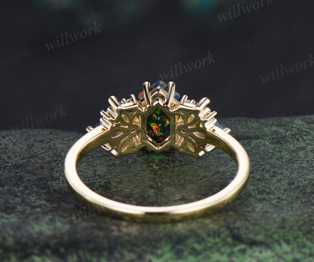 Unique hexagon cut black fire opal engagement ring milgrain moissanite marquise alexandrite cluster ring wedding bridal gifts