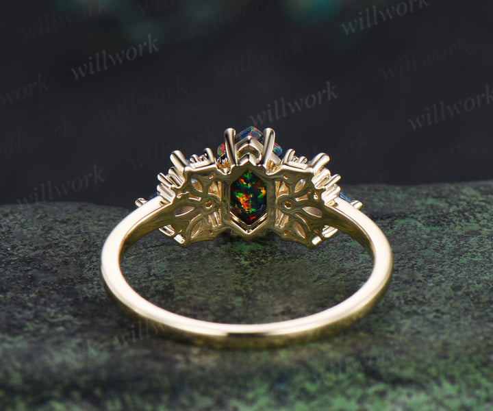 Unique hexagon cut black fire opal engagement ring milgrain moissanite marquise alexandrite cluster ring wedding bridal gifts