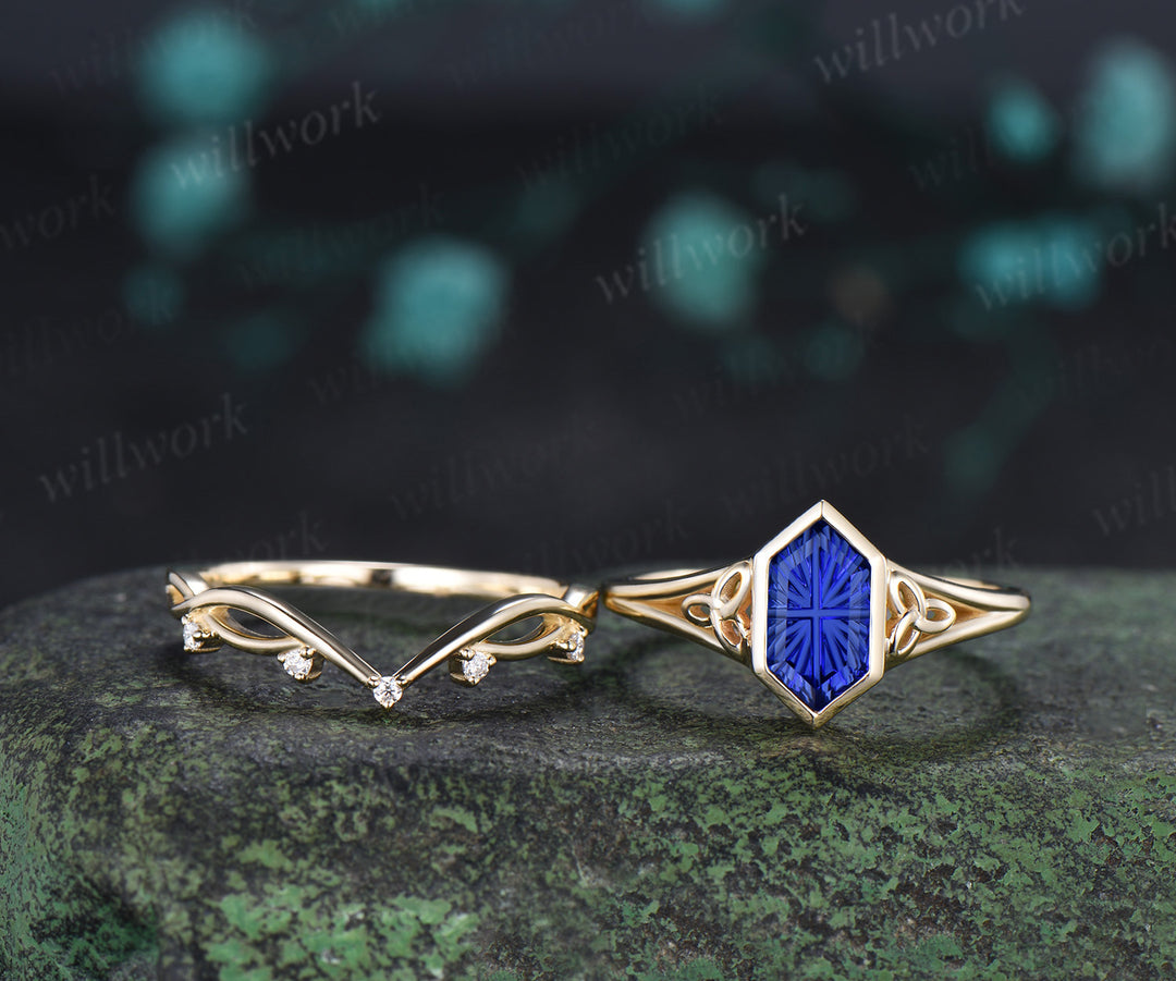 Vintage Hexagon Fantasy Cut Sapphire Engagement Ring Set Bezel Celtic Knot Ring Infinity Moissanite Band Blue Gemstone Bridal Set