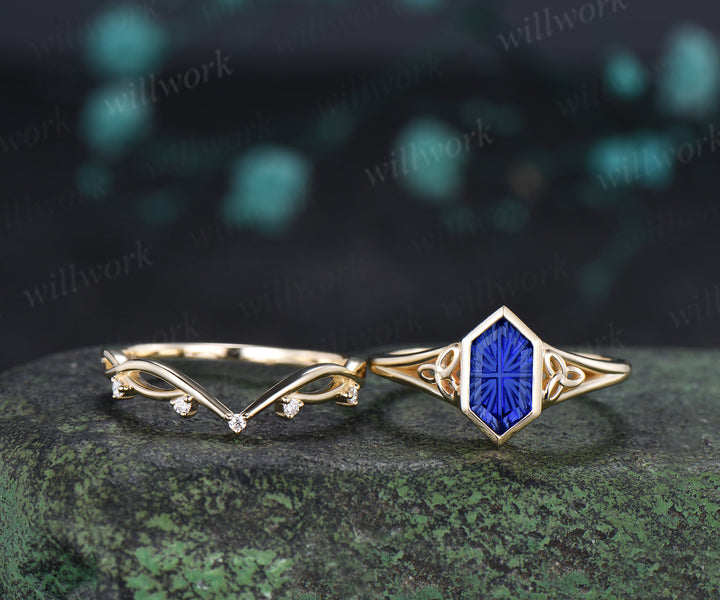 Vintage Hexagon Fantasy Cut Sapphire Engagement Ring Set Bezel Celtic Knot Ring Infinity Moissanite Band Blue Gemstone Bridal Set