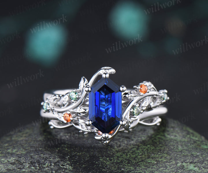 Hexagon Cut Sapphire Leaf Twig Engagement Ring Green Orange Moissanite Accent Unique Nature Inspired Bridal Set