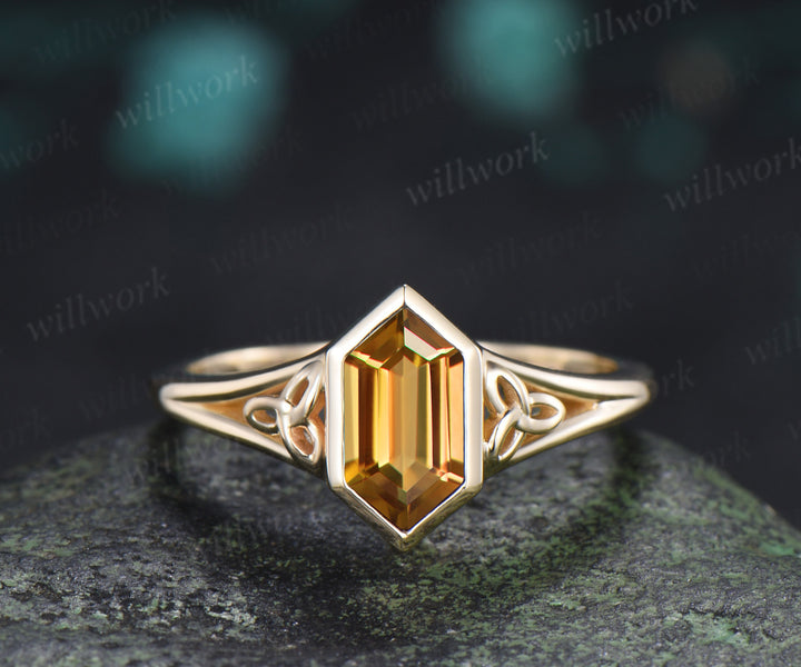 Hexagon Cut Citrine Engagement Ring Set Celtic Knot Ring Infinity Twisted Moissanite Band November Birthstone Bridal Set