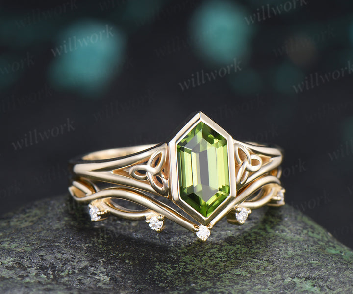 Hexagon Cut Peridot Engagement Ring Set Celtic Knot Ring Infinity Twisted Moissanite Band August Birthstone Bridal Set
